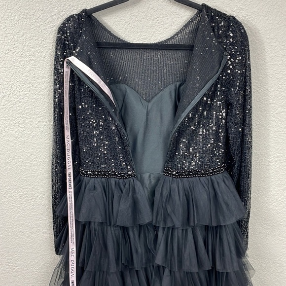 NWT Ieena Mac Duggal Black Long Sleeve Ruffle Tiered Midi Dress Sequin Sz 4 - Picture 7 of 16